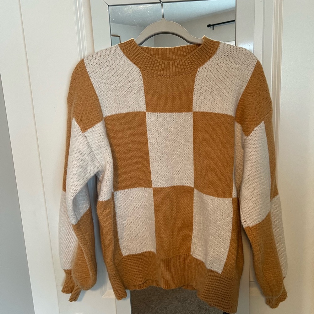 Checkered Knit Sweater - Brown and Cream
